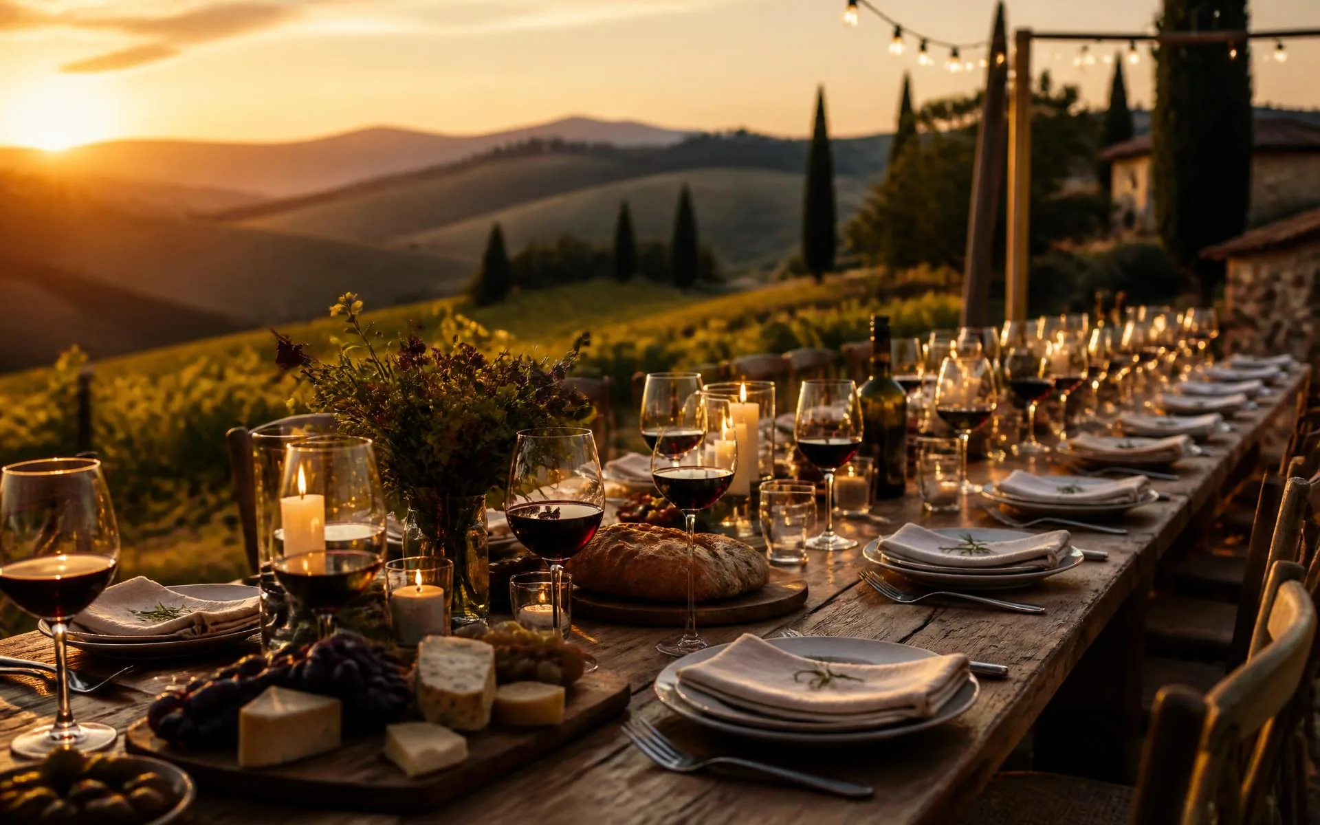 A candlelit harvest table set for dinner in a vineyard at sunset